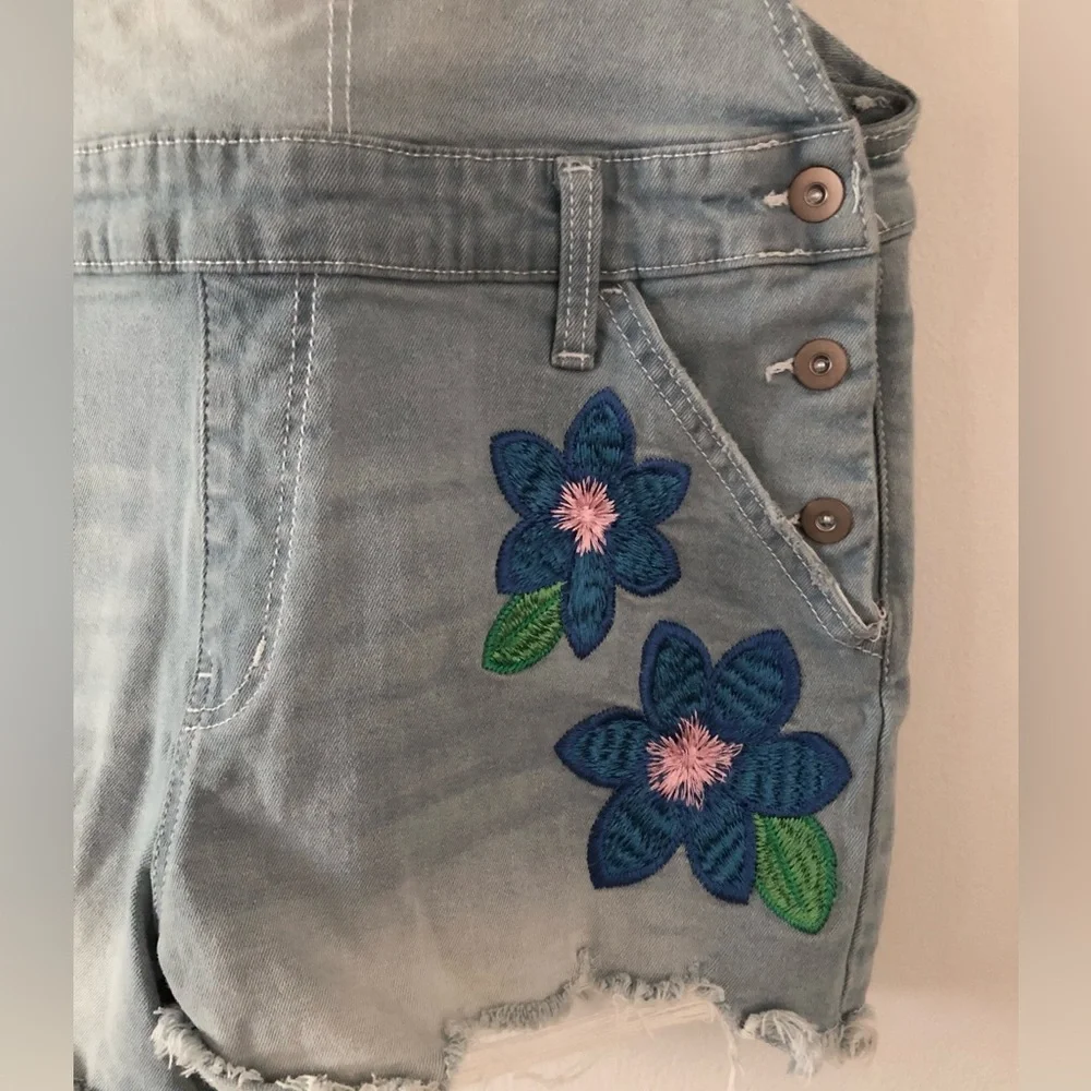 Floral Embroidered Denim Short Overalls